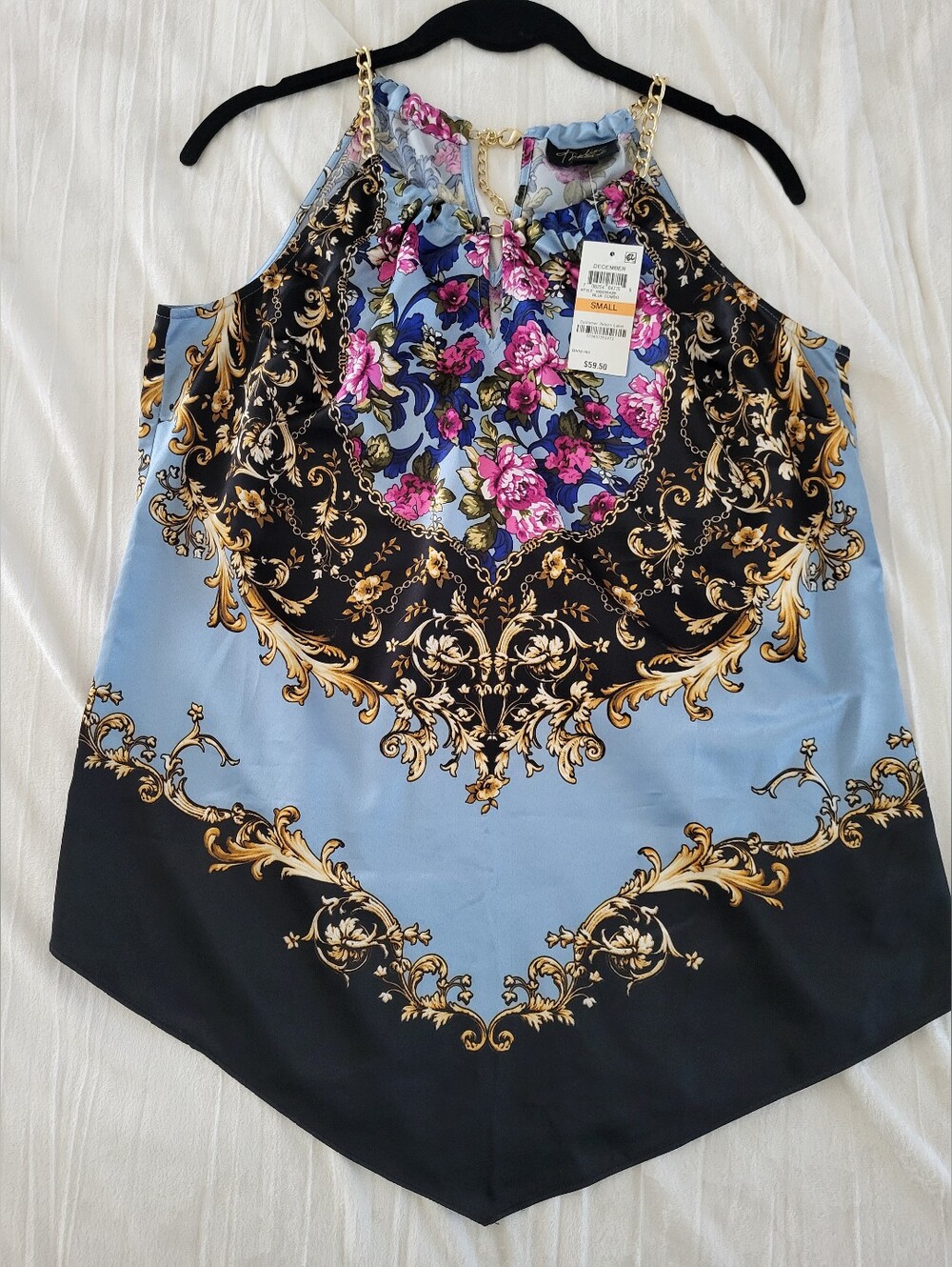 Thalia Sodi Light Blue, Black & Pink Floral Chain-Trim Halter Top